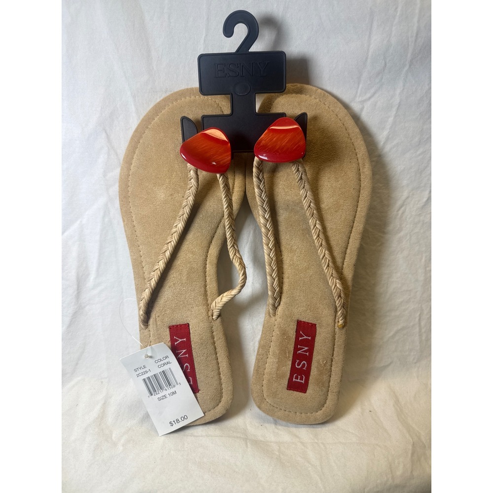 ESNY Womens Coral Braided Thong Sandals Flat Flip Flops Red Stone Size 10M